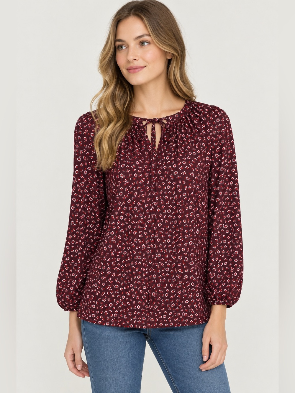 Boden - Polly Top Burgundy Ditsy Daisy Floral Tie-Front Peasant Blouse, Size 10R
